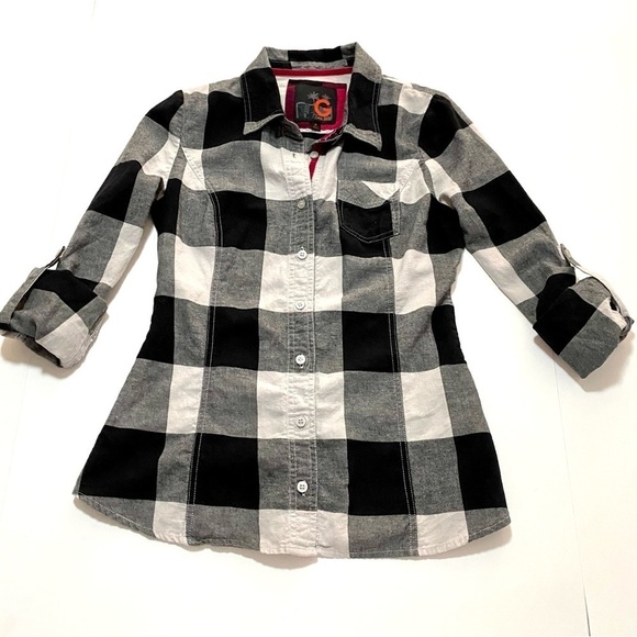 Black White Long Sleeve Button-down Plaid Cotton Flannel Shirt Medium Grunge - Picture 7 of 15